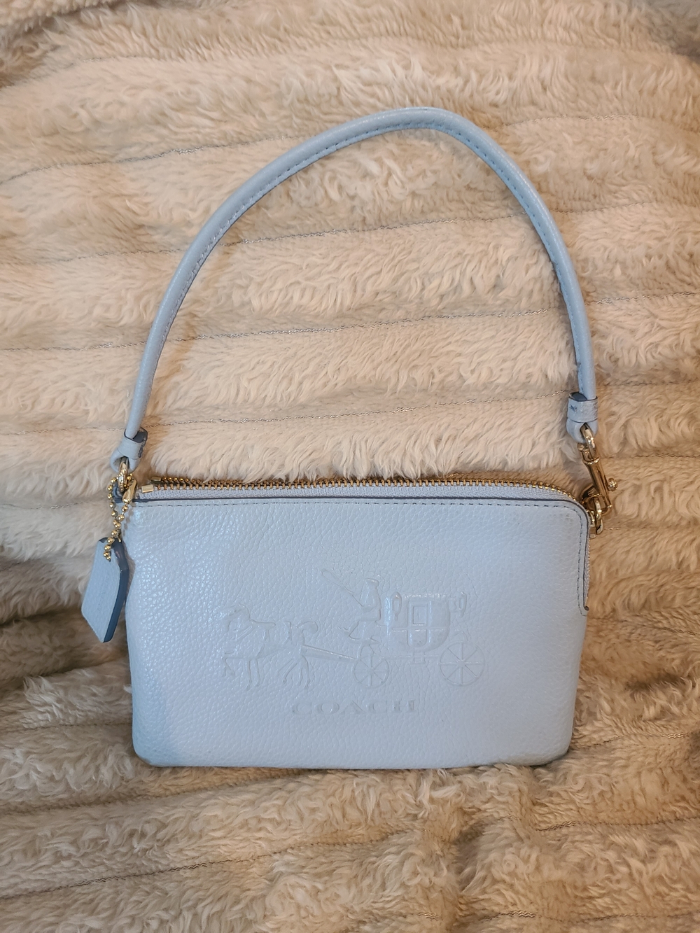 Coach Cornflower Blue Carriage Embossed Pebbled Leather Wristlet
